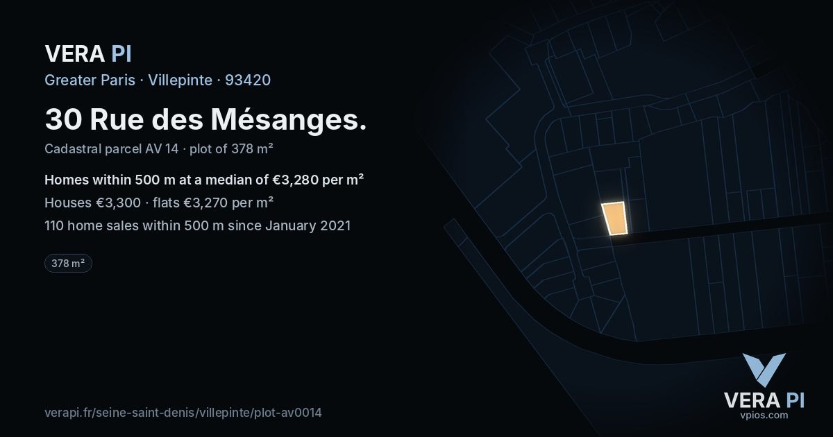 30 Rue des Mésanges, Villepinte at night – the plot lit, the parcels around coloured by the prices near them