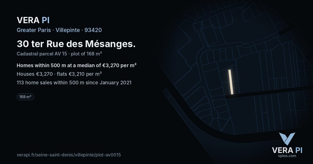 30 ter Rue des Mésanges, Villepinte at night – the plot lit, the parcels around coloured by the prices near them