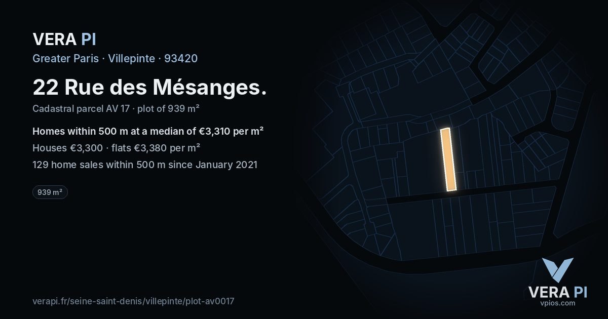 22 Rue des Mésanges, Villepinte at night – the plot lit, the parcels around coloured by the prices near them