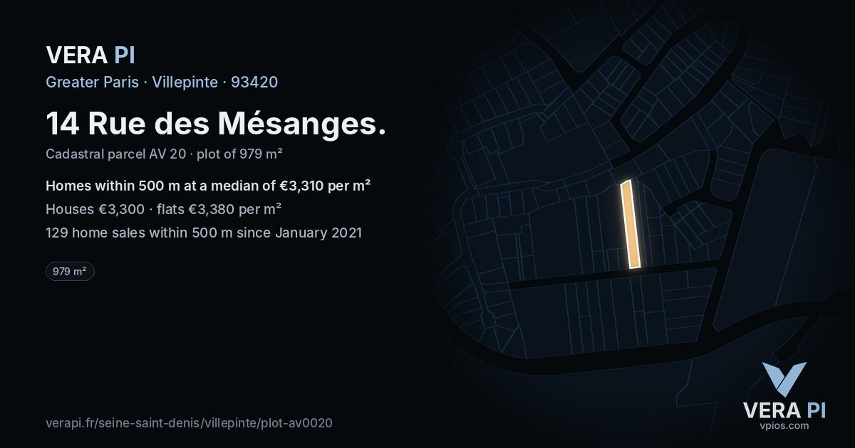 14 Rue des Mésanges, Villepinte at night – the plot lit, the parcels around coloured by the prices near them