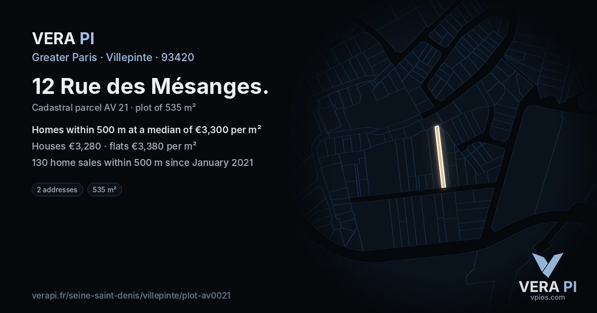 12 Rue des Mésanges, Villepinte at night – the plot lit, the parcels around coloured by the prices near them