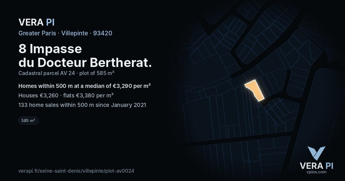 8 Impasse du Docteur Bertherat, Villepinte at night – the plot lit, the parcels around coloured by the prices near them