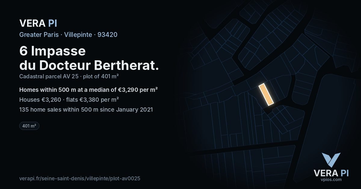 6 Impasse du Docteur Bertherat, Villepinte at night – the plot lit, the parcels around coloured by the prices near them