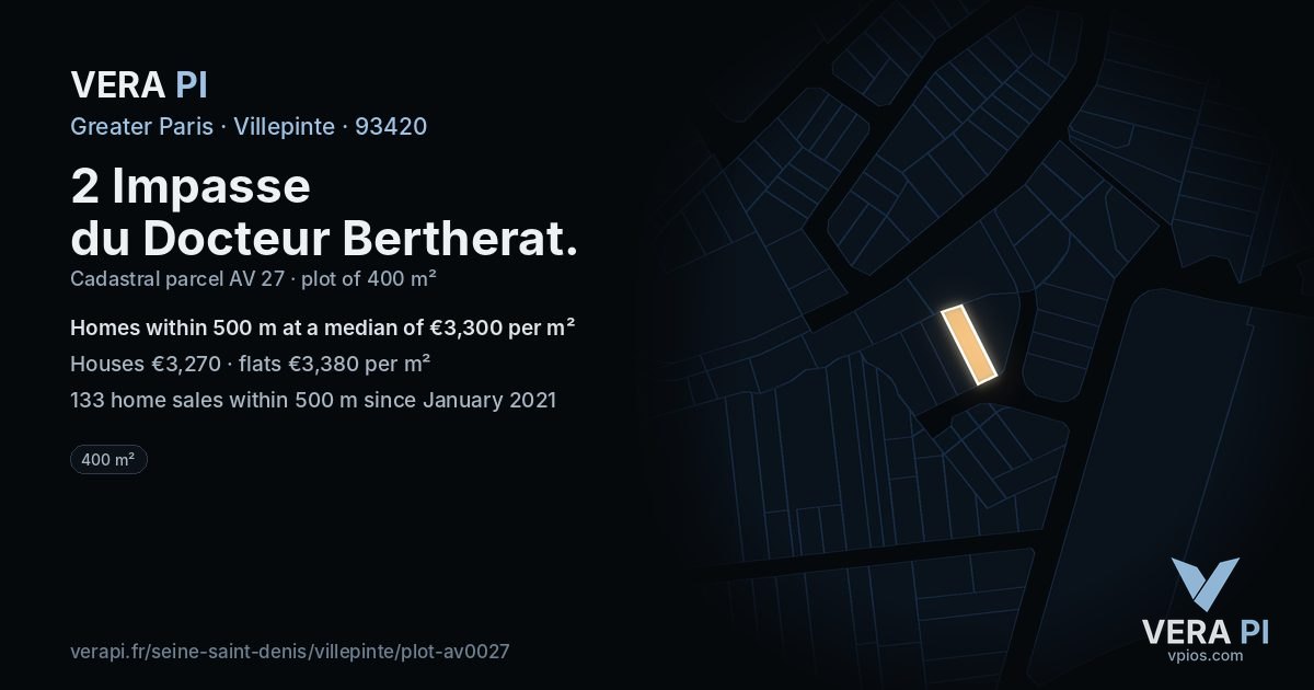 2 Impasse du Docteur Bertherat, Villepinte at night – the plot lit, the parcels around coloured by the prices near them