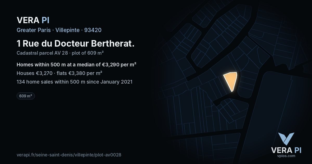 1 Rue du Docteur Bertherat, Villepinte at night – the plot lit, the parcels around coloured by the prices near them