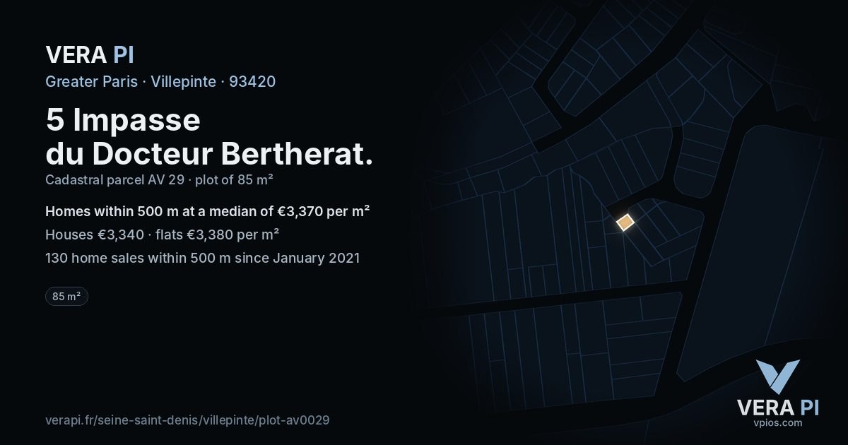 5 Impasse du Docteur Bertherat, Villepinte at night – the plot lit, the parcels around coloured by the prices near them