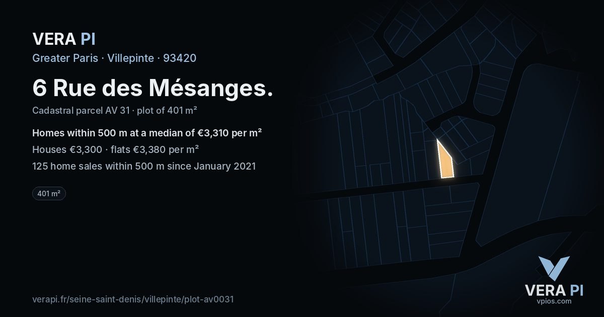6 Rue des Mésanges, Villepinte at night – the plot lit, the parcels around coloured by the prices near them