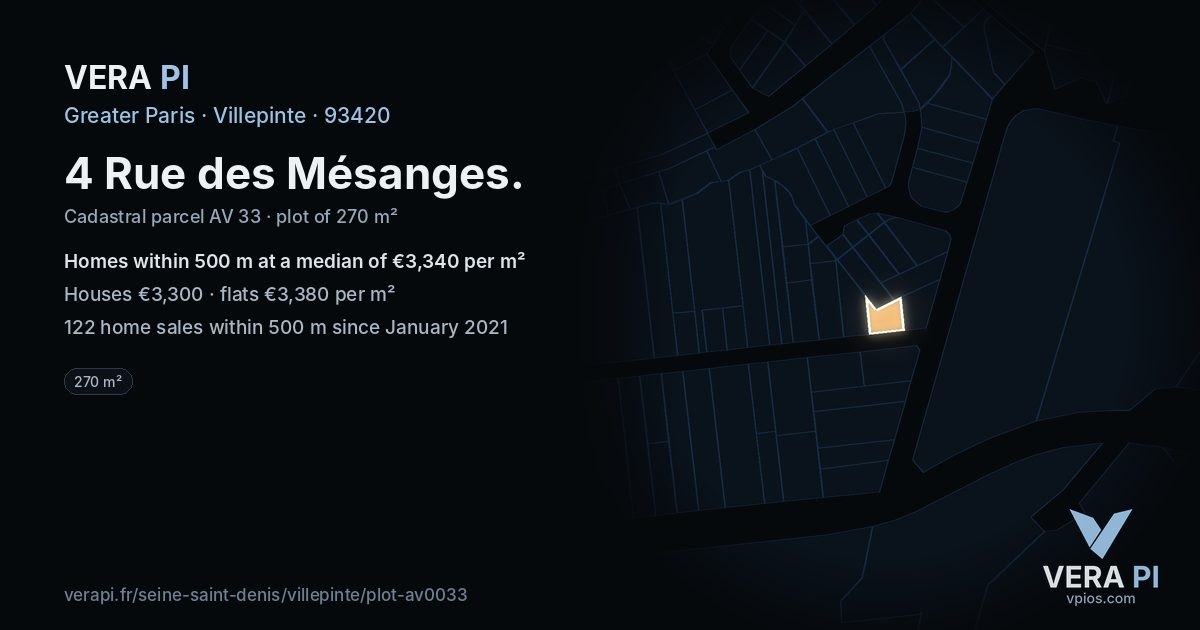 4 Rue des Mésanges, Villepinte at night – the plot lit, the parcels around coloured by the prices near them