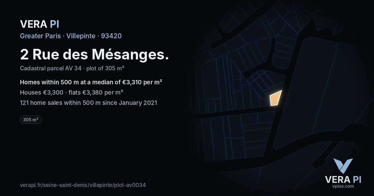 2 Rue des Mésanges, Villepinte at night – the plot lit, the parcels around coloured by the prices near them