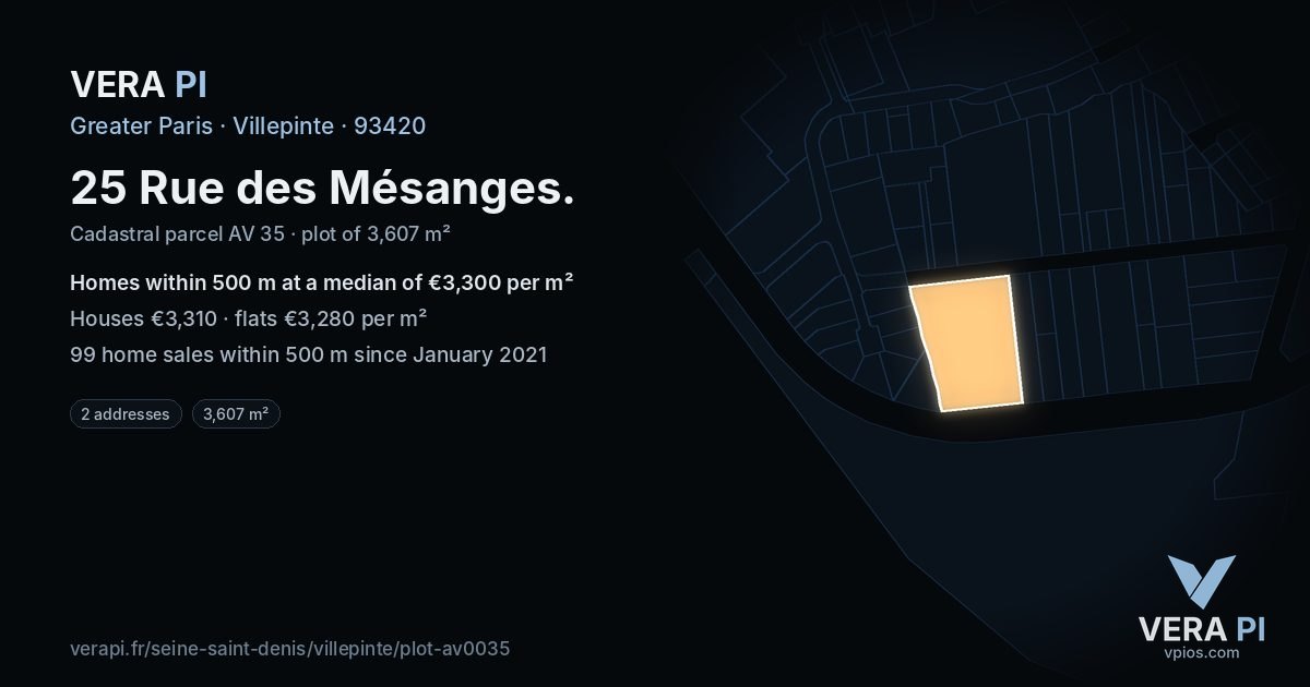 25 Rue des Mésanges, Villepinte at night – the plot lit, the parcels around coloured by the prices near them