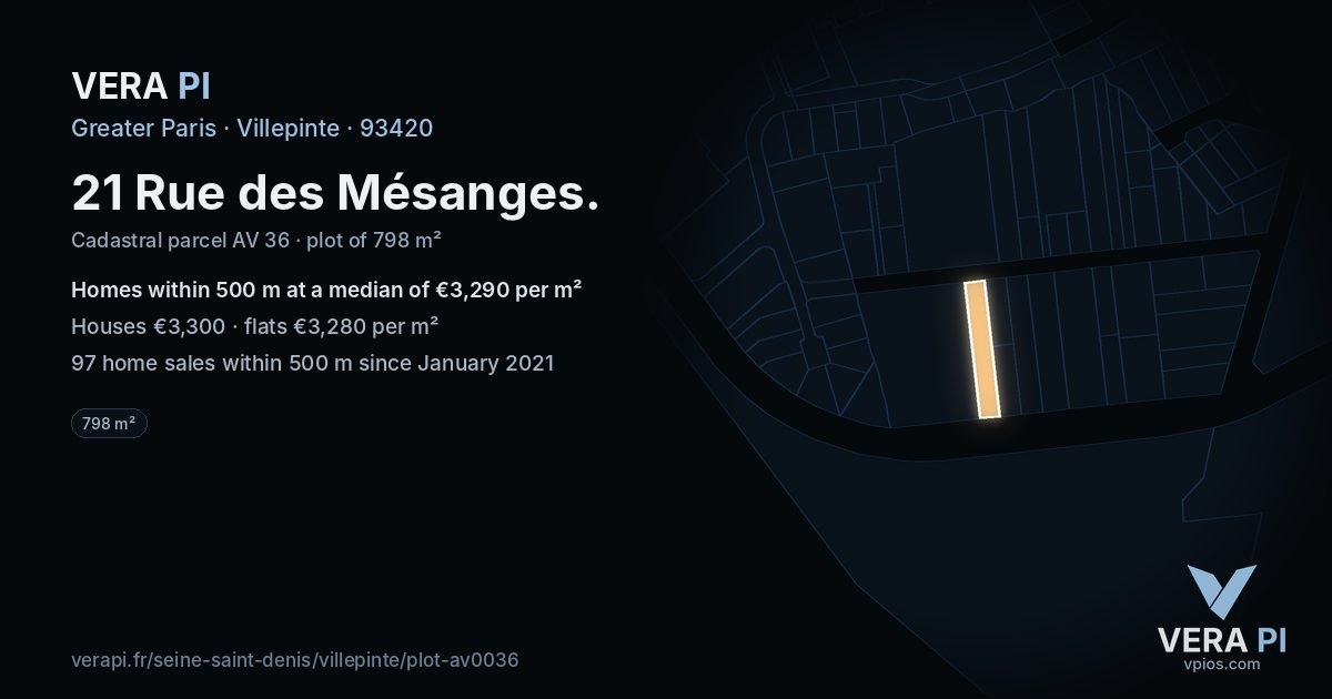 21 Rue des Mésanges, Villepinte at night – the plot lit, the parcels around coloured by the prices near them