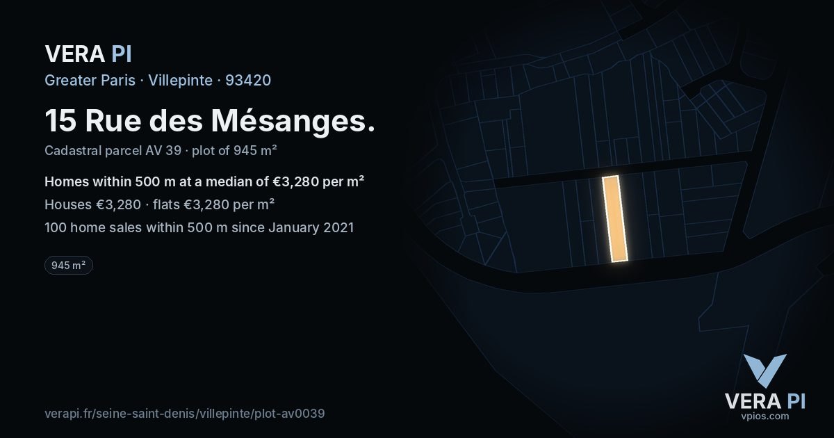 15 Rue des Mésanges, Villepinte at night – the plot lit, the parcels around coloured by the prices near them