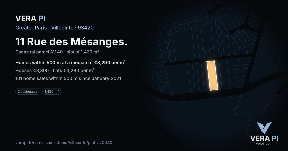 11 Rue des Mésanges, Villepinte at night – the plot lit, the parcels around coloured by the prices near them