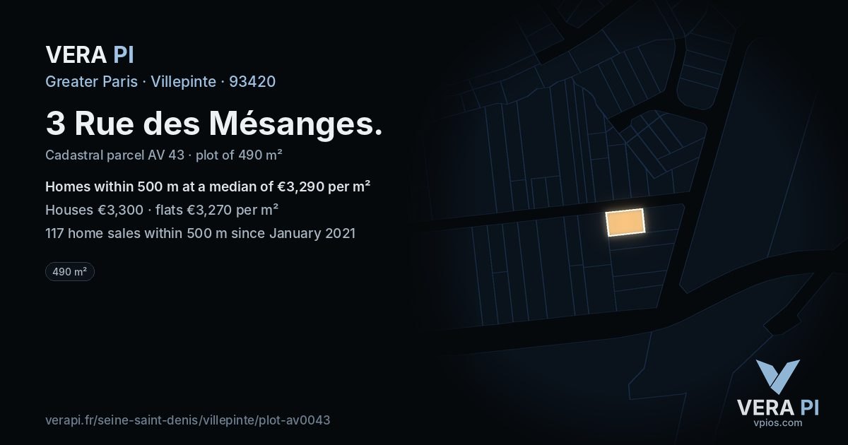 3 Rue des Mésanges, Villepinte at night – the plot lit, the parcels around coloured by the prices near them