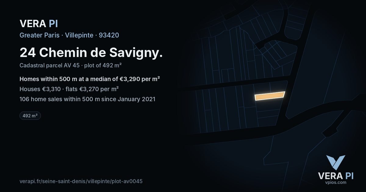 24 Chemin de Savigny, Villepinte at night – the plot lit, the parcels around coloured by the prices near them