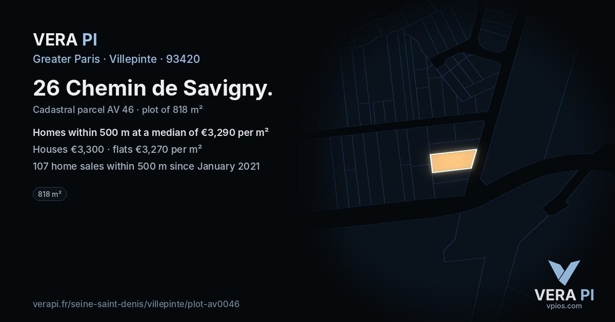 26 Chemin de Savigny, Villepinte at night – the plot lit, the parcels around coloured by the prices near them