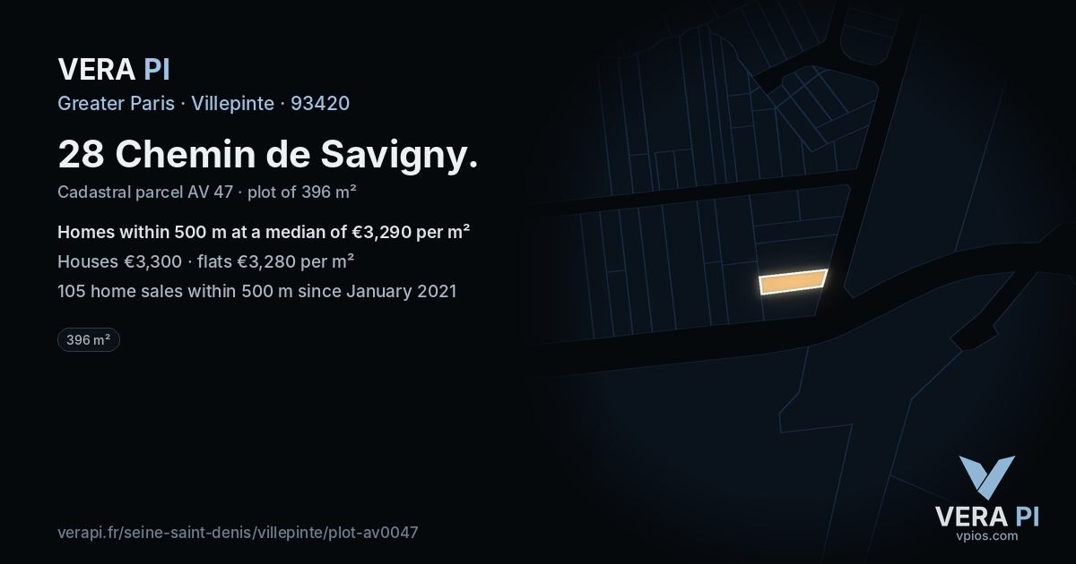 28 Chemin de Savigny, Villepinte at night – the plot lit, the parcels around coloured by the prices near them