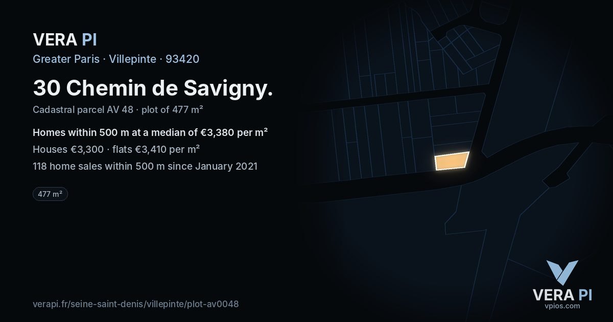 30 Chemin de Savigny, Villepinte at night – the plot lit, the parcels around coloured by the prices near them