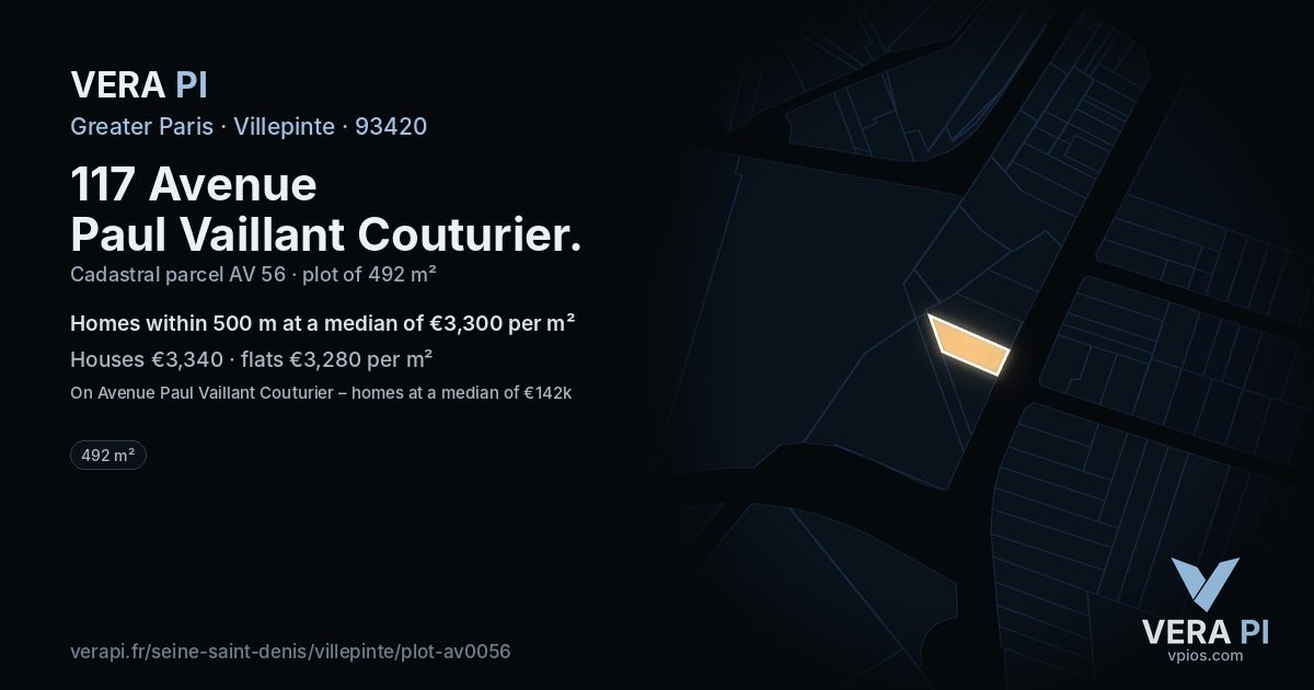 117 Avenue Paul Vaillant Couturier, Villepinte at night – the plot lit, the parcels around coloured by the prices near them