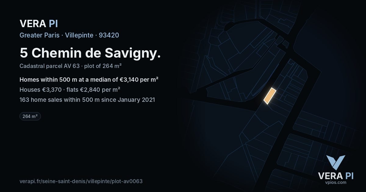 5 Chemin de Savigny, Villepinte at night – the plot lit, the parcels around coloured by the prices near them