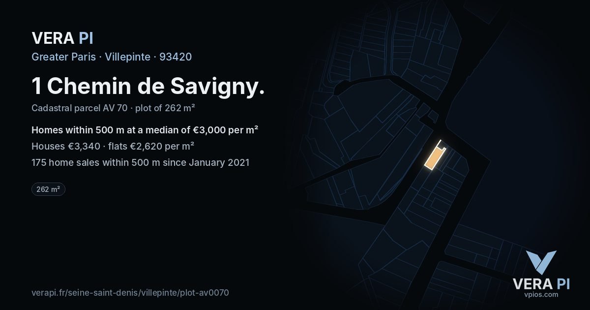 1 Chemin de Savigny, Villepinte at night – the plot lit, the parcels around coloured by the prices near them