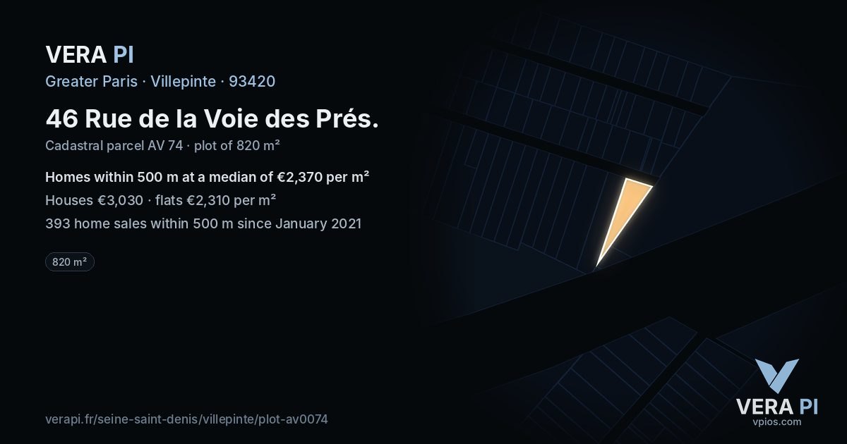 46 Rue de la Voie des Prés, Villepinte at night – the plot lit, the parcels around coloured by the prices near them