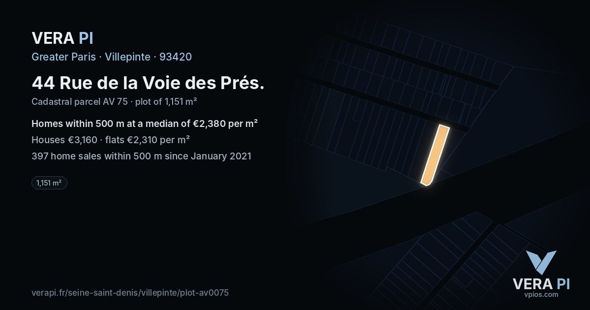 44 Rue de la Voie des Prés, Villepinte at night – the plot lit, the parcels around coloured by the prices near them