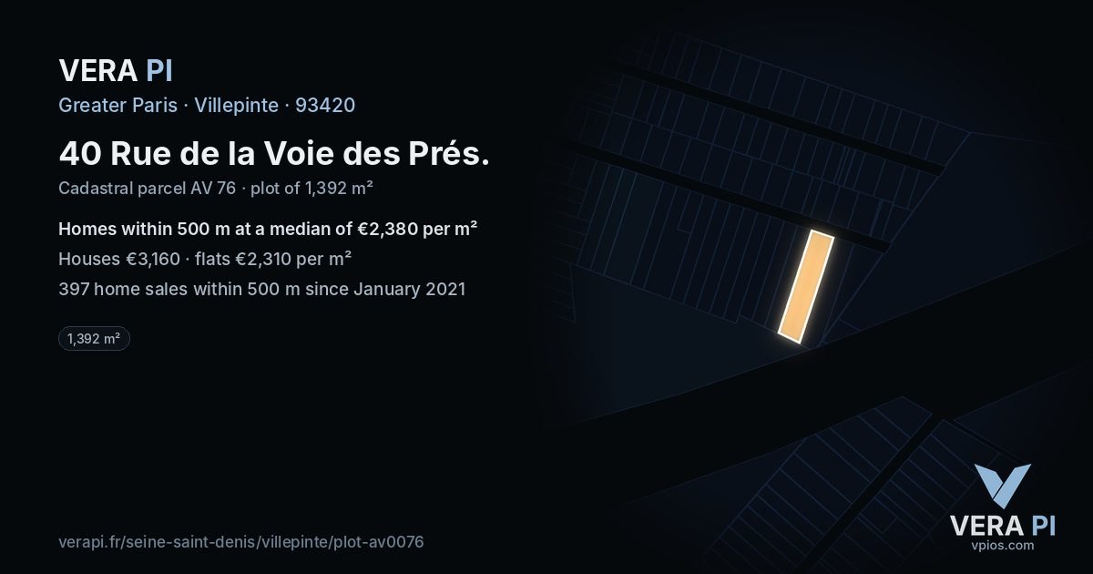 40 Rue de la Voie des Prés, Villepinte at night – the plot lit, the parcels around coloured by the prices near them