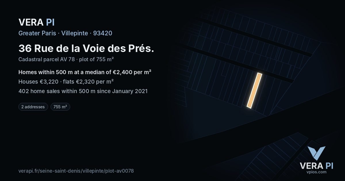 36 Rue de la Voie des Prés, Villepinte at night – the plot lit, the parcels around coloured by the prices near them