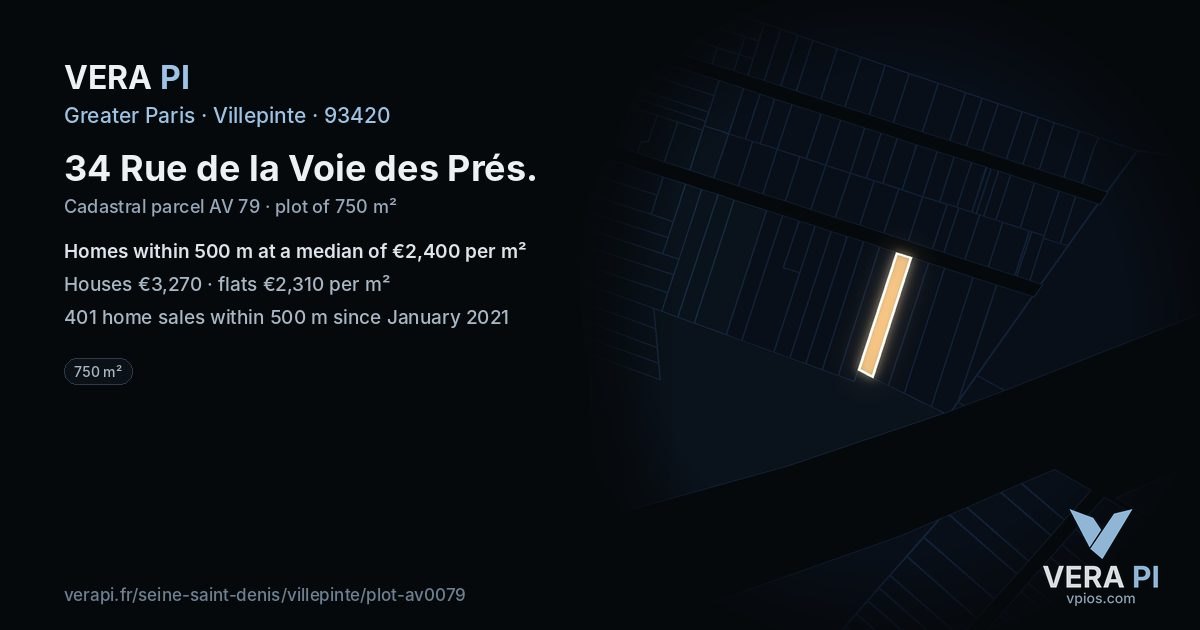 34 Rue de la Voie des Prés, Villepinte at night – the plot lit, the parcels around coloured by the prices near them