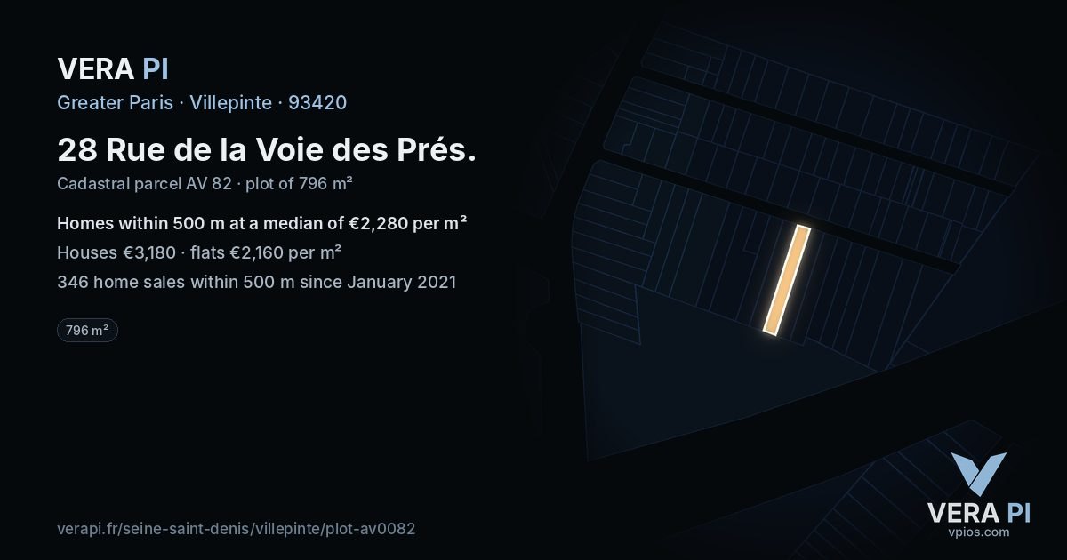 28 Rue de la Voie des Prés, Villepinte at night – the plot lit, the parcels around coloured by the prices near them