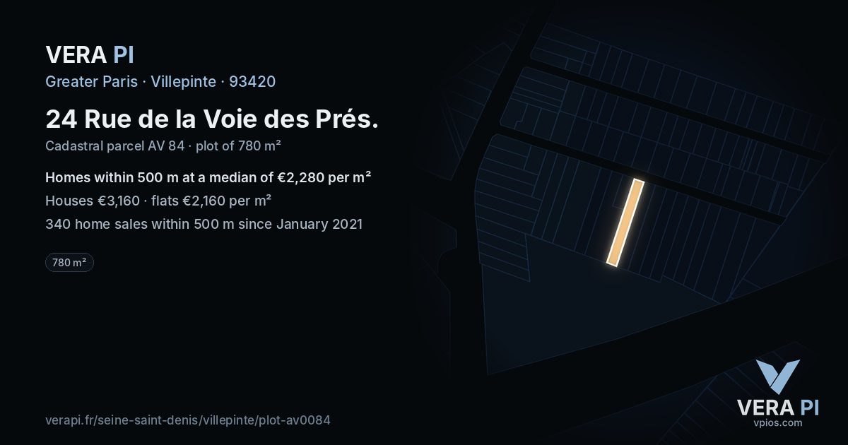 24 Rue de la Voie des Prés, Villepinte at night – the plot lit, the parcels around coloured by the prices near them
