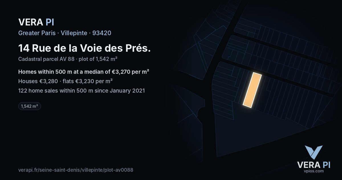 14 Rue de la Voie des Prés, Villepinte at night – the plot lit, the parcels around coloured by the prices near them