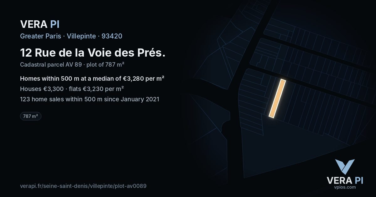 12 Rue de la Voie des Prés, Villepinte at night – the plot lit, the parcels around coloured by the prices near them