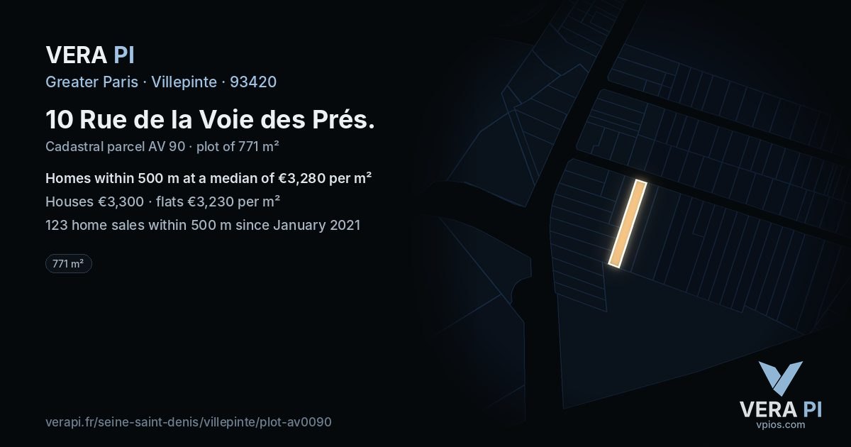 10 Rue de la Voie des Prés, Villepinte at night – the plot lit, the parcels around coloured by the prices near them