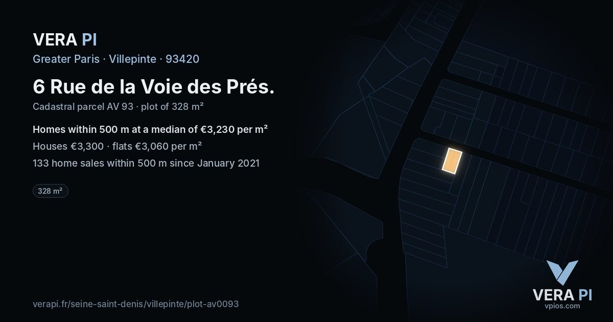 6 Rue de la Voie des Prés, Villepinte at night – the plot lit, the parcels around coloured by the prices near them