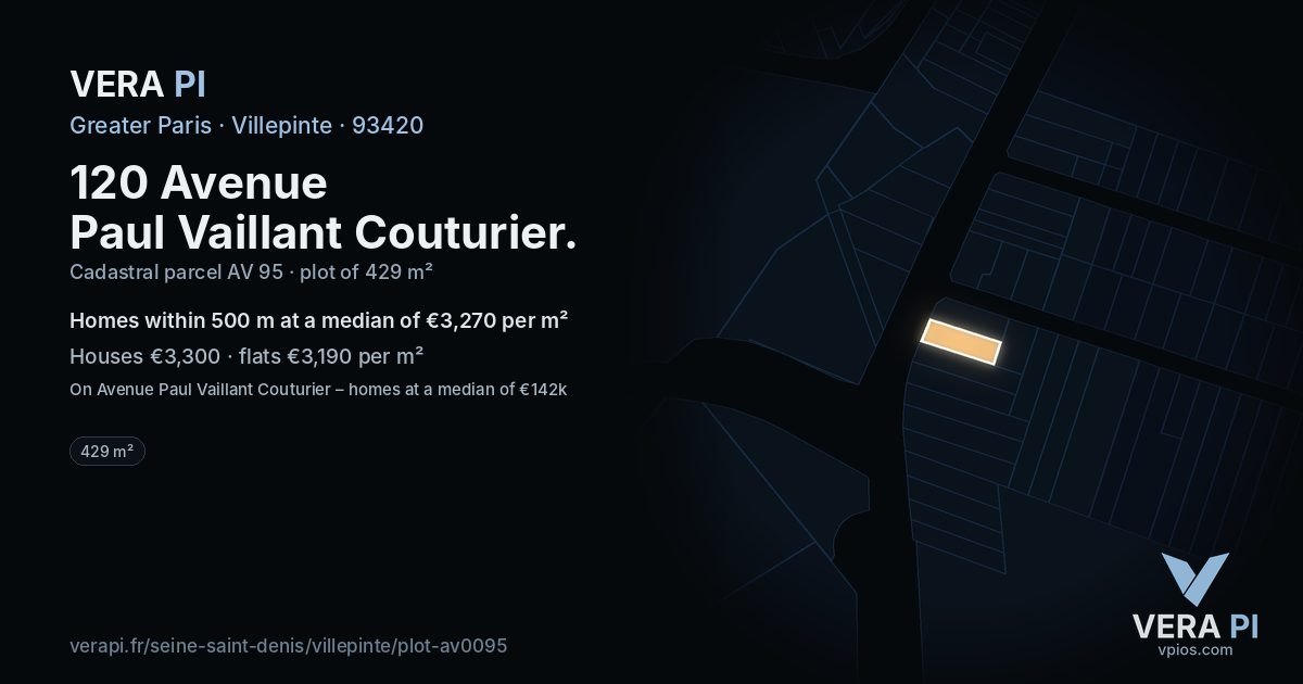 120 Avenue Paul Vaillant Couturier, Villepinte at night – the plot lit, the parcels around coloured by the prices near them