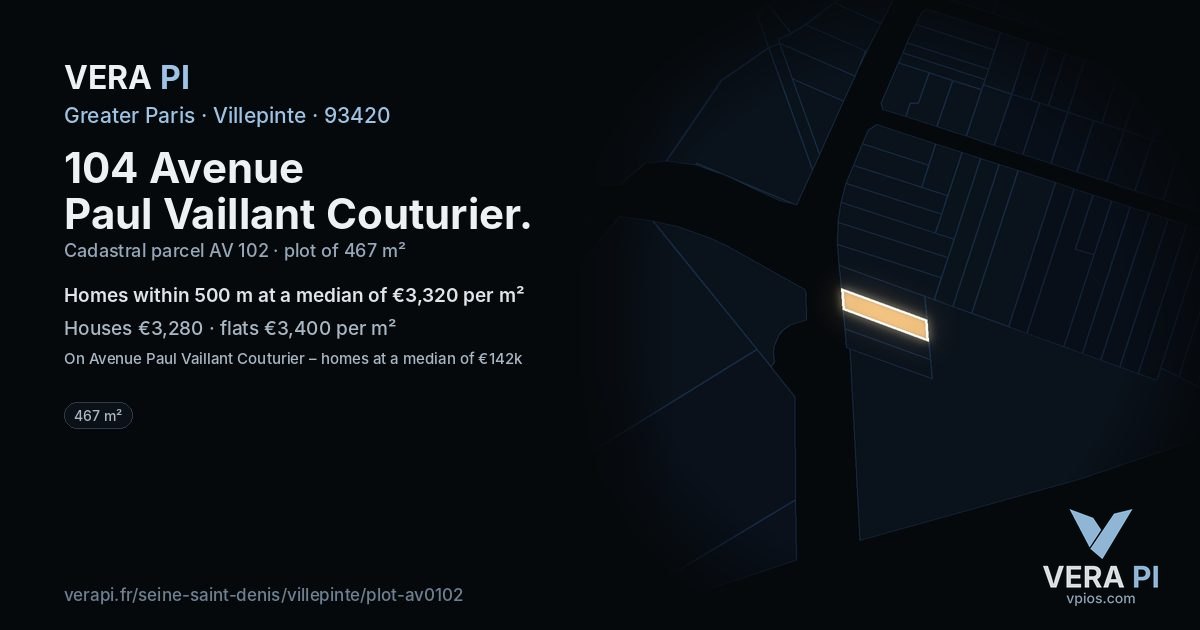 104 Avenue Paul Vaillant Couturier, Villepinte at night – the plot lit, the parcels around coloured by the prices near them
