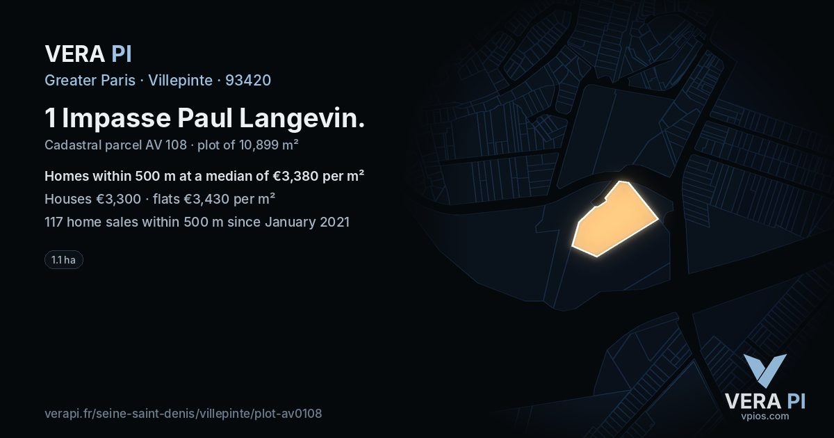 1 Impasse Paul Langevin, Villepinte at night – the plot lit, the parcels around coloured by the prices near them