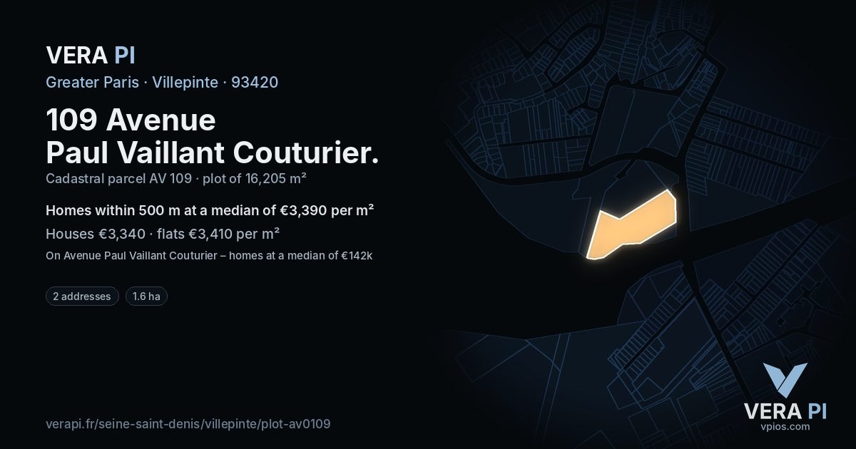 109 Avenue Paul Vaillant Couturier, Villepinte at night – the plot lit, the parcels around coloured by the prices near them