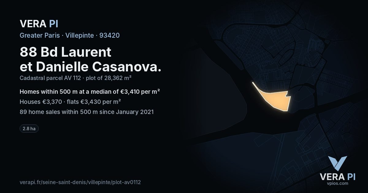 88 Bd Laurent et Danielle Casanova, Villepinte at night – the plot lit, the parcels around coloured by the prices near them