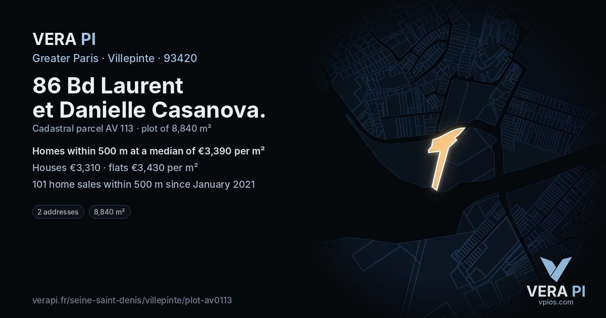 86 Bd Laurent et Danielle Casanova, Villepinte at night – the plot lit, the parcels around coloured by the prices near them