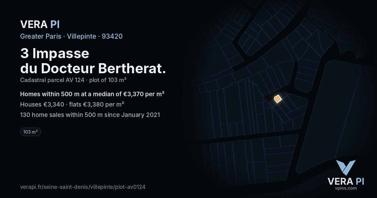 3 Impasse du Docteur Bertherat, Villepinte at night – the plot lit, the parcels around coloured by the prices near them