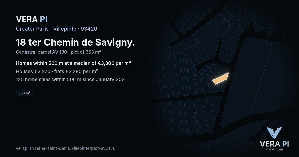 18 ter Chemin de Savigny, Villepinte at night – the plot lit, the parcels around coloured by the prices near them