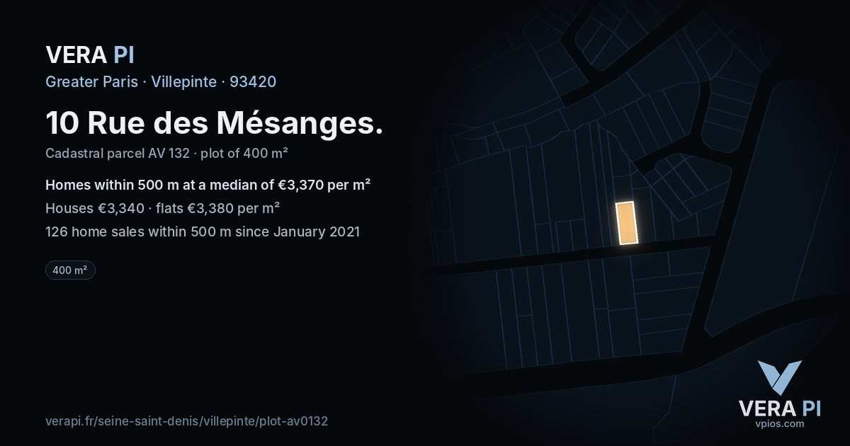 10 Rue des Mésanges, Villepinte at night – the plot lit, the parcels around coloured by the prices near them