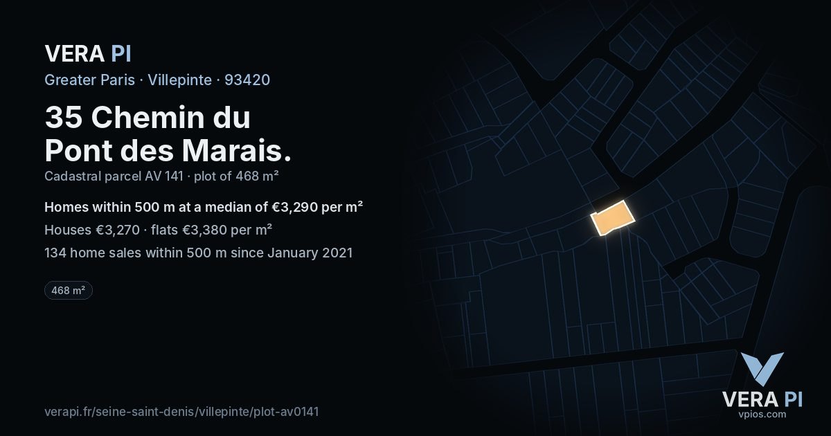 35 Chemin du Pont des Marais, Villepinte at night – the plot lit, the parcels around coloured by the prices near them