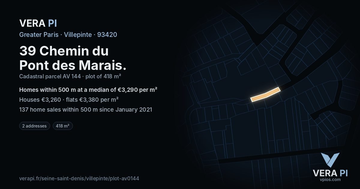 39 Chemin du Pont des Marais, Villepinte at night – the plot lit, the parcels around coloured by the prices near them