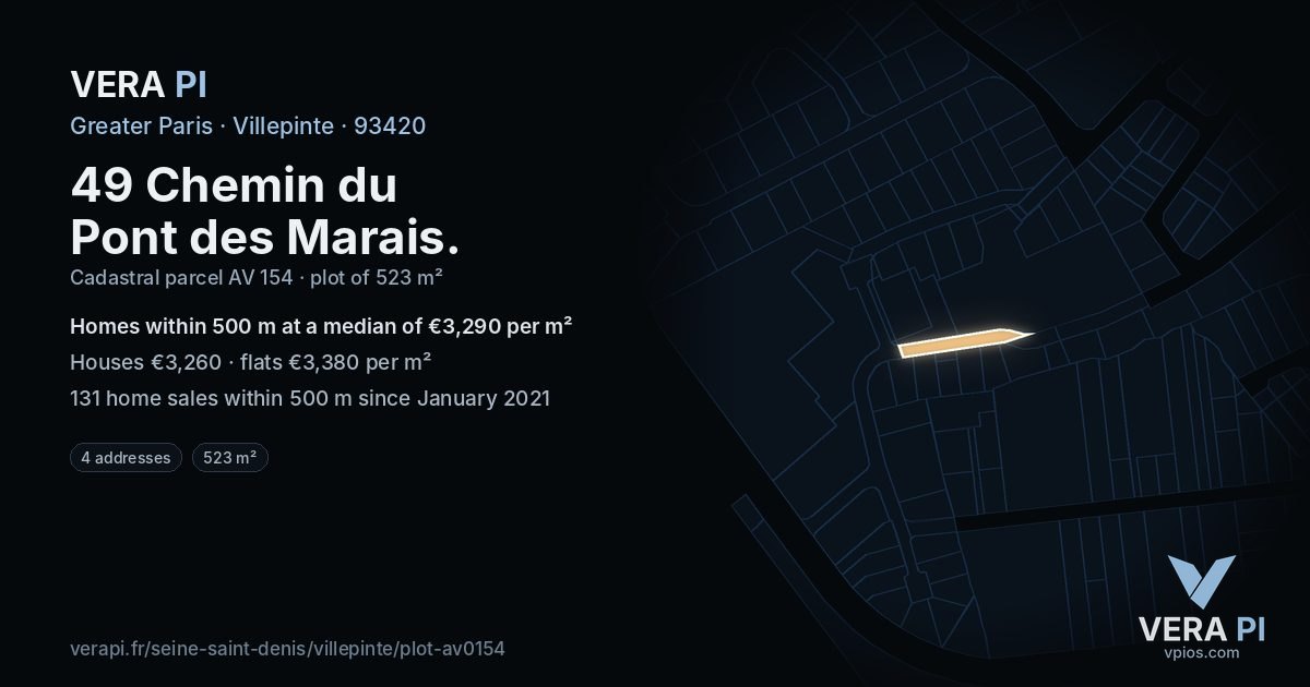 49 Chemin du Pont des Marais, Villepinte at night – the plot lit, the parcels around coloured by the prices near them
