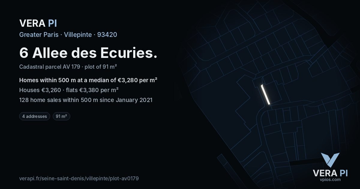 6 Allee des Ecuries, Villepinte at night – the plot lit, the parcels around coloured by the prices near them