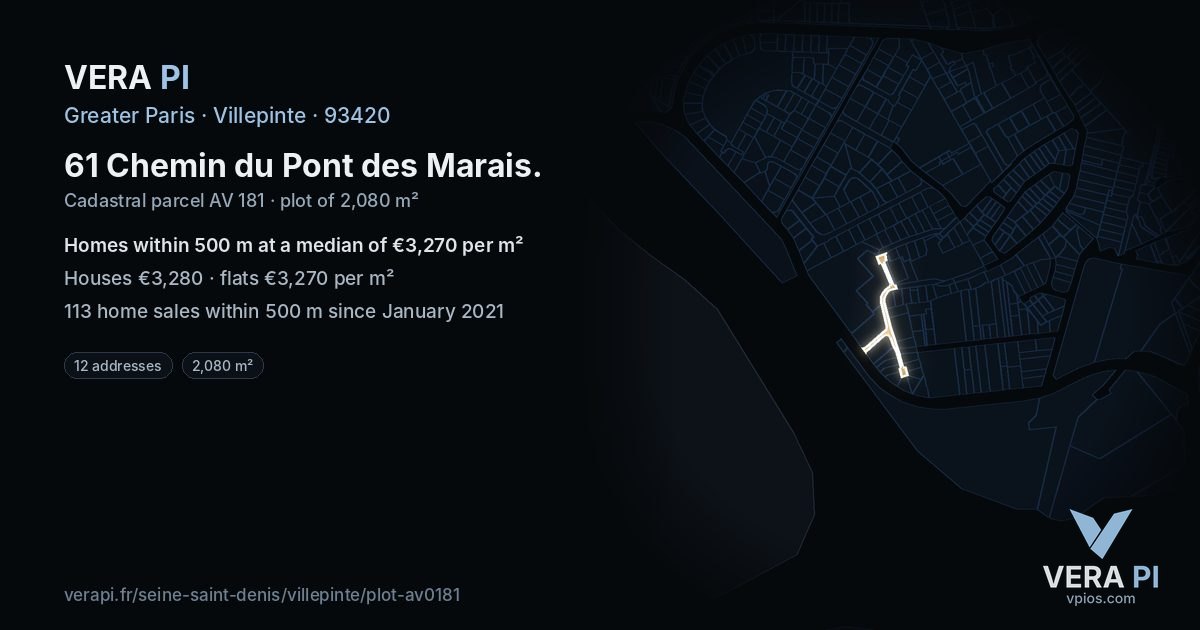61 Chemin du Pont des Marais, Villepinte at night – the plot lit, the parcels around coloured by the prices near them